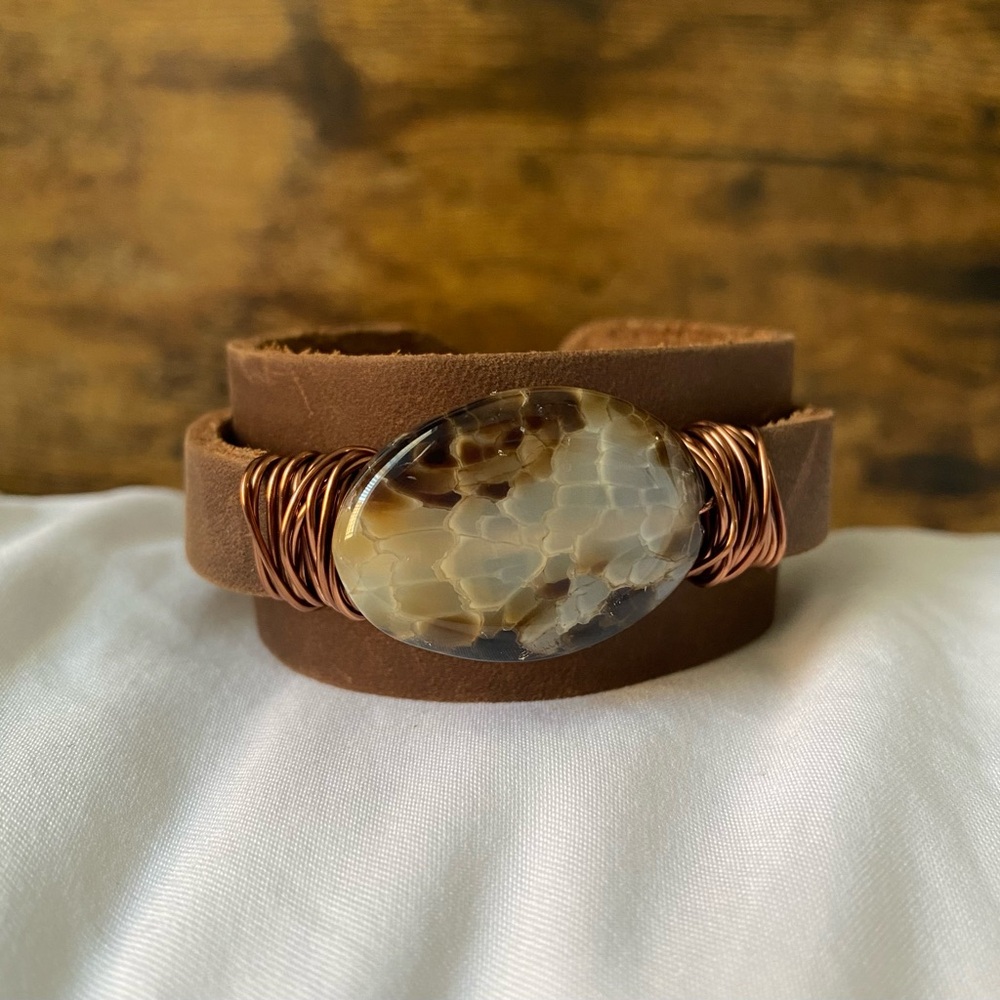 Hand Crafted Brown Leather Bracelet with Agate Stone